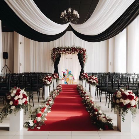 Black, white and red indoor wedding ceremony Wedding Ceremony Ideas Black And White, Black And White Wedding With Red Accent, Cherry Red Wedding Theme, White And Red Wedding Decorations, White And Red Wedding Theme, White Black And Red Wedding, Indoor Ceremony Decor, Red And White Wedding Theme, Red White Black Wedding