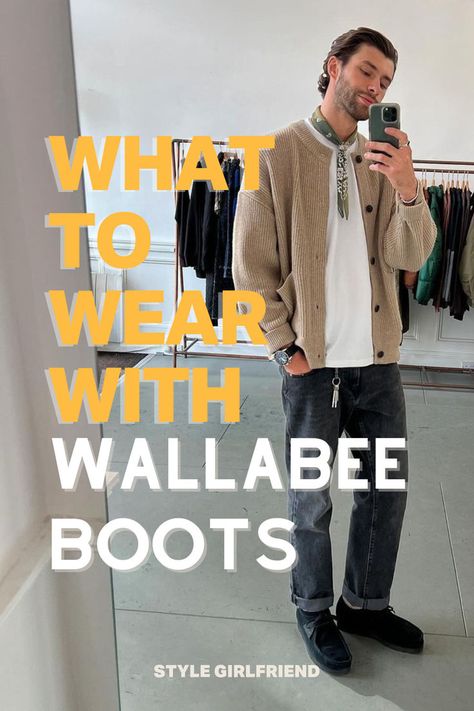 headline: what to wear with wallabee boots, image: man in oatmeal-colored cardigan, white t-shirt, light green bandana, black jeans, and black suede Clarks wallabee boots How To Style Clarks Wallabees, Wallabee Outfit Men, Clark’s Wallabee, Clarks Shoes Mens Outfit, Clarks Wallabees Men Outfit Mens Fashion, Wallabee Outfit, Clarks Wallabees Men Outfit, Wallabees Outfit Men, Clarks Wallabees Outfit