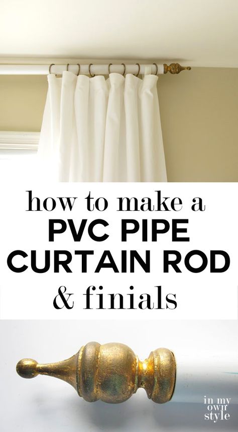 Make your own stylish curtain rod for a fraction of the cost with these DIY tricks! Pvc Curtain Rod, Curtain Rod Ideas, Pvc Curtain, Curtain Rod Finials, Pipe Curtain Rods, Cheap Basement Remodel, Long Curtain Rods, Apartment Curtains, Plastic Curtain