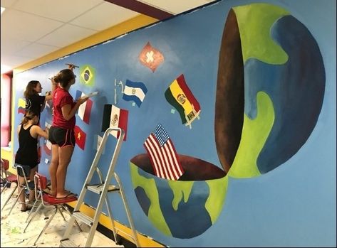 School Murals Hallways, Hallways Inspiration, Diversity Mural, Multicultural Night, Spanish Teacher Classroom, Garage Drawing, Bloxburg School, School Branding, Geography Classroom