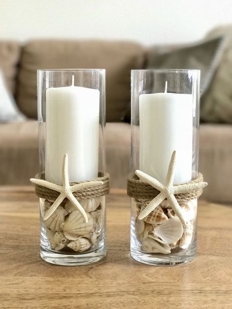 Decor With Stones, Beach Centerpiece, Beach Candle Holder, Seashell Candle Holder, Beach Centerpieces, Seashell Art Diy, Beach Themed Crafts, Beach Wedding Centerpieces, Seashell Candles