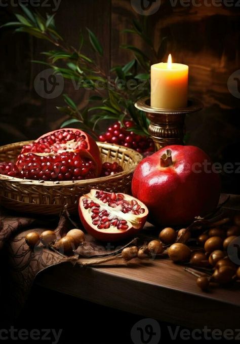 Rosh hashanah - the concept of the Jewish holiday of the New Year. Bowl of apple with honey, pomegranate and candles are traditional symbols of the holiday Mark Art, Happy Rosh Hashanah, Apple Art, Rosh Hashana, Jewish Holiday, Rosh Hashanah, Holy Land, Pomegranate, The Holiday