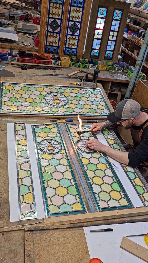 Bee stained glass entrance set nearing completion. Here we have a pair of front door panels, matching narrow sidelights and transom window for above. Blimey I've put alot of hours in over the last week on this project! I've not included any footage of the leading process in this little video. Instead I did some experimenting with an hour or so of Tiktok and YouTube 'live' recordings whilst leading. To be fair the live recordings were very boring 😂.. But if you like watching paint dry then go h Narrow Stained Glass Window, Stained Glass Front Door Side Panels, Stained Glass Sidelights, Window Above Front Door, Beautiful Hallways, Stained Glass Front Door, Clay Trays, Glass Entrance, Transom Window