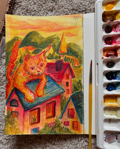 man who put this cat here water color on watercolor paper 5.5x8.5in #watercolor #paint #cats #watercolorpainting #art Watercolor Painting Fall, Cat Watercolor Paintings Easy, Cat Drawing Color, Cool Watercolor Art, Water Colour Painting Ideas, Beginner Watercolor Ideas, Waterpaint Ideas, Painting Inspo Easy, Watercolour Easy