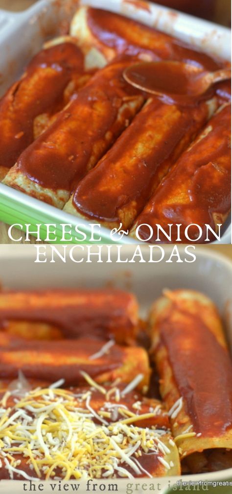 Cheese and Onion Enchiladas ~ a simple, warming, 30 minute meal that proves delicious food doesn't have to be complicated.  This authentic Mexican classic is easy enough for a weeknight dinner. #easy #recipe #mexican #tortillas #enchiladas #redsauce #chile #chilesauce #dinner #30minute #cheese Cheese And Onion Enchiladas, Easy Mexican Dinner, Southwestern Food, Enchiladas Easy, Canadian Recipes, Island Recipes, Meat Meals, Cheese Enchiladas, Mexican Dinner Recipes