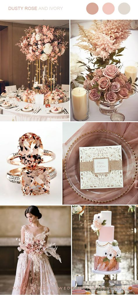 Rose Gold Color Combinations, Ivory And Rose Gold Wedding, Rose Gold Wedding Cake, Wedding Rose Gold Theme, Dusty Rose Wedding Colors, Modern Wedding Theme, Rose Gold Wedding Decor, Rose Gold Theme, Wedding Rose Gold