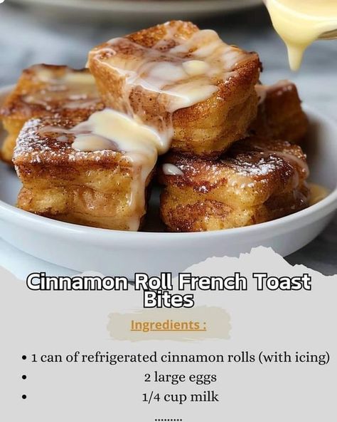 Lidia Bastianich_👩‍🍳🥣 | Cinnamon Roll French Toast Bites Recipe | Facebook French Toast Bites Recipe, Cinnamon Rolls With Icing, French Toast Bites, Cinnamon Roll French, Cinnamon Roll French Toast, French Toast Roll Ups, Breakfast Specials, French Toast Breakfast, Recipe Ingredients