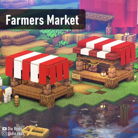 Two white and red market stalls that I made during my minecraft 1.19 let's play series. Made from spruce, wool, and mud walls. Link in the bio or search for Dio Rods to find it! Village Shop Minecraft, Minecraft Wool Shop Ideas, Minecraft Village Market Ideas, Minecraft Trading Center, Minecraft Firework Shop, Market Place Minecraft, Farmers Market Minecraft, Minecraft Trading Post, Minecraft Villager Market