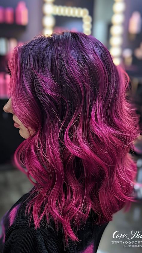 25 Pink Hair Transformations: Get Inspired for Your Next Color Purple And Magenta Hair Highlights, Dark Pink Hair Color Ideas, Vivid Pink Hair, Dark Roots Pink Hair Balayage, Magenta Highlights On Dark Hair, Maroon And Pink Hair, Purple And Magenta Hair, Pink Hair Dark Roots, Dark Magenta Hair