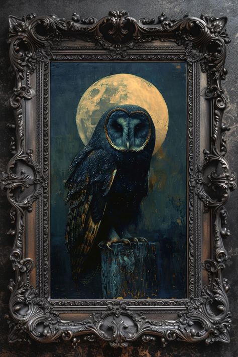 Embrace the eerie elegance of "Barn Owl Under A Full Moon," a captivating art print that captures the mysterious allure of a black barn owl perched under the glow of a full moon. Perfect for fans of dark gothic themes, spooky decor, Halloween, and witchy artwork, this piece brings a touch of nocturnal magic to any space. In this enchanting painting, the black barn owl stands as a silent sentinel against the moonlit sky, exuding an aura of mystique and dark charm. The deep, moody tones and intric Dark Owl Art, Halloween Art Inspiration, Black Barn Owl, Southern Gothic Decor, Whimsical Gothic Decor, Harvest Moon Art, Halloween Art Painting, Owl Bathroom Decor, Dark Alchemy