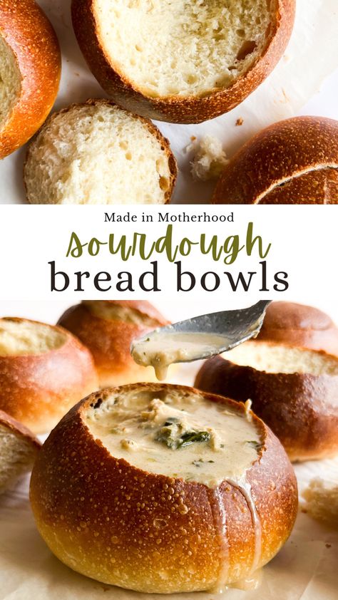 These sourdough bread bowls are the perfect way to serve your favorite fall soup recipes! Sourdough Bowl Soup, Panera Sourdough Bread Bowl Recipe, Sourdough Discard Artisan Bread, Bread Recipes Homemade Sourdough, Sour Dough Bread Bowls For Soup, Sourdough Super Bowl Snacks, Fall Baking Sourdough, Bacon Gouda Sourdough, What Do I Do With Sour Dough Starter