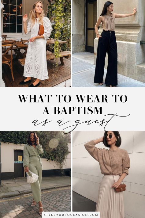 Looking for baptism outfit ideas for women? Check out these classy outfits for what to wear to a baptism as a guest, whether you are the mom, godmother, or another friend or family member, you'll find excellent outfit ideas! Choose from pants, skirts, dresses, and other polished looks for spring, summer, fall, and winter! Dresses To Wear To A Baptism, Baptism Clothes For Women, Dresses For Baptism Guest, Baptism Dress Guest, Dedication Outfit For Guest, What To Wear To A Communion As A Guest, Baptism Dresses For Mom, Baptism Dresses For Women, Babtizum Outfit For Women