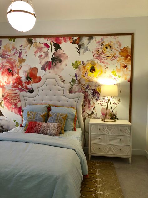 Framed Out Wallpaper, Framed Wallpaper Above Bed, Framed Floral Wallpaper, Wallpaper For Headboard, Wallpaper Boarders Ideas, Pictures Over Wallpaper, Framed Wallpaper Headboard, Wallpaper Top Half Of Wall Bedroom, Bedroom Inspirations With Wallpaper