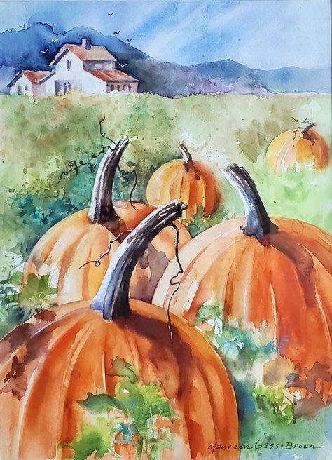 Pumpkin Painting, Fall Decor, ORIGINAL WATERCOLOR PAINTING , Pumpkin Art, Fall Pumpkin Patch, Halloween /thanksgiving Decor - Etsy Pumpkin Patch Watercolor Painting, Watercolor Pumpkins Autumn, Pumpkin Canvas Painting, Pumpkin Artwork, Pumpkin Patch Halloween, Fall Pumpkin Patch, Painting Pumpkin, Fall Drawings, Pumpkin Canvas