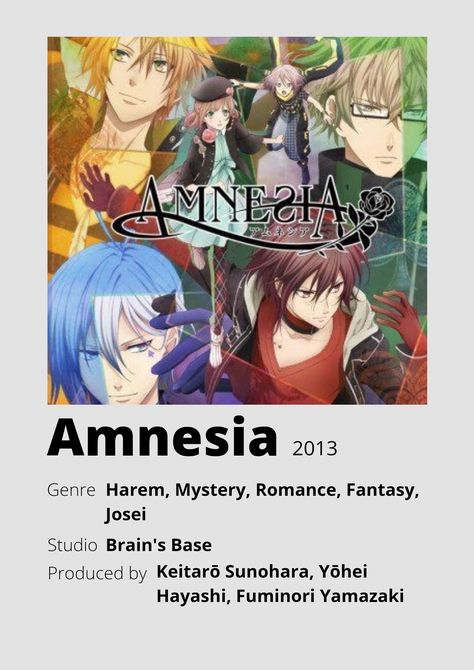 Anime Checklist, Amnesia Memories, Diabolik Lovers Wallpaper, Poster Information, Anime Minimalist Poster, Amnesia Anime, Comedy Anime, Poster Anime, Animes To Watch