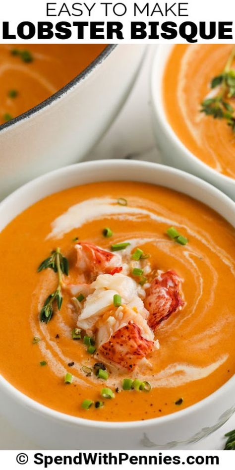 Lobster bisque is an easy fancy recipe that you can easily make at home or when company’s coming! #spendwithpennies #lobsterbisque #maindish #appetizer #specialoccasionrecipes #lobsterrecipes #easybisquerecipes #easyseafoodrecipes #lowcarbsoups #seafoodstew How To Make Lobster, Lobster Soup, Seafood Boils, Lobster Bisque Recipe, Bisque Soup Recipes, Lobster Bisque Soup, Coastal Luxury, Bisque Soup, Lobster Dishes