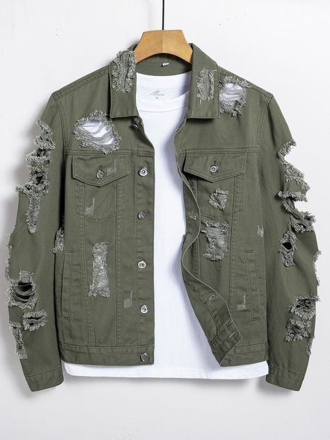 Manfinity EMRG Men Cotton 1pc Ripped Frayed Flap Pocket Denim JacketI discovered amazing products on SHEIN.com, come check them out! Men Jackets, Stylish Hoodies, American Denim, Jackets For Men, Denim Jacket Men, Denim Jackets, Jackets Online, Green Fashion, Mens Denim