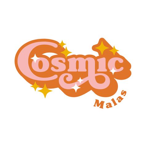 Light pink and burnt orange swirly font with stars layer on top for main business name, followed by smaller orange type for what the business does Groovy Logo Graphic Design, Cool Logo Ideas Creative, Groovy Logo Ideas, Trippy Logo Design, Groovy Branding Design, Cosmic Typography, Asthetic Logos, Cosmic Branding, Groovy Graphic Design