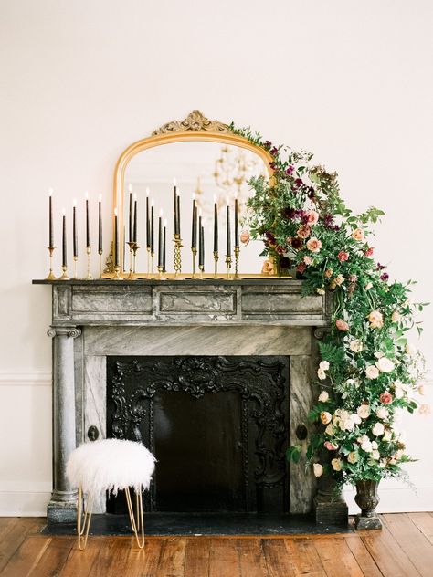 Winter Bridal Shower Decorations, Mantel Flowers, Fireplace Wedding, Distressed Fireplace, White Mantel, Winter Bridal Showers, Winter Wedding Bouquet, Gold Candle Sticks, Old World Style