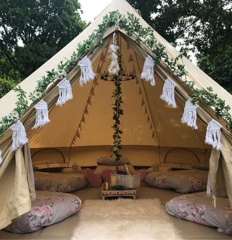 Camping Birthday Theme, 5m Bell Tent, Party Rental Ideas, Sleepover Tents, Boho Tent, Lantern With Fairy Lights, Glamping Party, Aztec Decor, Boho Outdoor