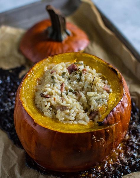 Inspiring Kitchens, Cold Weather Comfort Food, Stuffed Pumpkin, Savory Rice, Sugar Pie, Sugar Pumpkin, Little Kitchen, Bacon Cheese, Baked Pumpkin