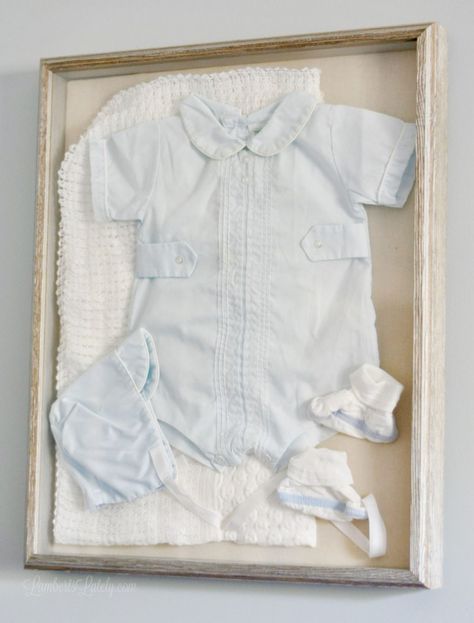 How to Make a DIY Framed Baby Outfit | Lamberts Lately Framed Baby Clothes, Framing Clothes, Framed Clothing, Farmhouse Vignettes, Newborn Shadow Box, Family Heirloom Display, Baby Memorabilia, Baby Frames, Frame Clothing