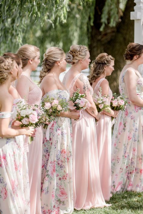 Pretty Wedding Bridesmaid Dresses, Whimsical Wedding Bridal Party, Sakura Wedding Theme Bridesmaid Dresses, Cottage Bridesmaid Dresses, Cottage Core Wedding Bridesmaid Dresses, Fairy Tale Bridesmaid Dress, Garden Wedding Gown Ideas, Bridesmaid Flower Dresses, Pink And White Floral Bridesmaid Dresses