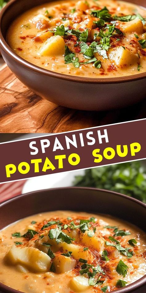 Looking for a comforting and flavorful dish? 🥔🍲 Try this Spanish Potato Soup. a traditional recipe that’s perfect for cozy nights or a hearty meal! Made with tender potatoes, garlic, paprika, and olive oil, this soup delivers rich, authentic Spanish flavors. Ready to cook? 👩‍🍳 Save this Pin and get the full recipe today!😋 🔗 Click the link to discover the recipe now and enjoy a warm bowl of Spanish Potato Soup! #SpanishPotatoSoup #SopaDePatatas #ComfortFood #EasyRecipes #SoupLovers Spanish Potato Soup With Chorizo, Spanish Garlic Soup, Spanish Potato Soup, Spanish Recipes Authentic, Chili Potato Recipe, Mexican Potato Soup, Spicy Potato Soup, Mexican Potatoes, Spanish Soup