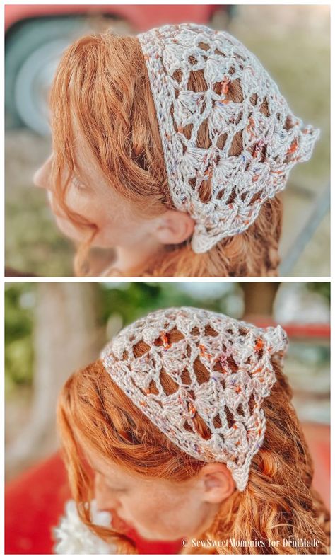 Bandana Kerchief Free Crochet Patterns - DIY Magazine Crocheted Head Scarf Pattern, Lacy Crochet Bandana, Crochet Head Kerchief Free Pattern, Crochet Hair Cover, Crochet Head Covering Pattern, Crochet Beach Accessories, Hair Scarf Crochet, Crochet Kerchief Pattern Free, Crochet Head Scarf Pattern Free