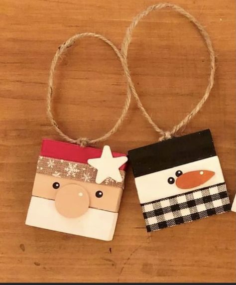 Jenga Block Santa Ornaments, Ornaments From Jenga Blocks, Diy Snowmen Ornaments Ideas, Wooden Block Ornaments Diy, Crafts With Jenna Blocks, Jenga Block Ornaments Diy Dollar Tree, Jenna Block Ornaments, Jenga Ornament Ideas, Wooden Christmas Cards