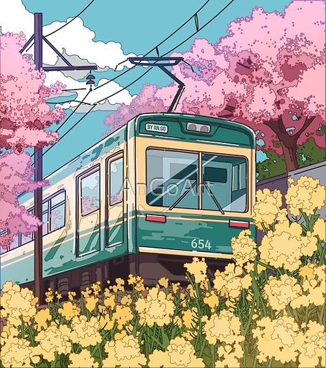 Japanese Train, Spring Drawing, Train Drawing, Train Illustration, Japanese Nature, Japan Illustration, Japanese Drawings, Train Art, Japon Illustration