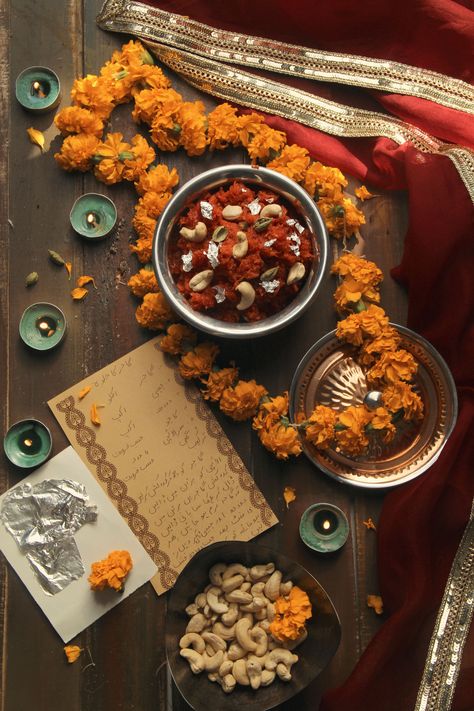 Photoshoot Ideas For Kids, Diwali Photoshoot Ideas, Kids Photoshoot Ideas, Diwali Photoshoot, Pakistani Desserts, Indian Food Photography, Orange Marigold, Gajar Ka Halwa, Picnic Hamper