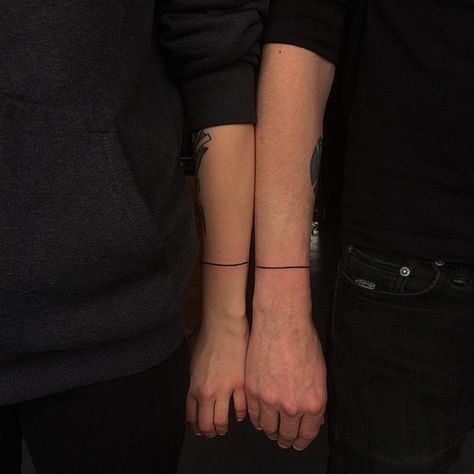 ➖ original and unique matching forearm line tattoo on couple ➖ Line Tattoos For Couples, Matching Arm Band Tattoos, Couples Line Tattoo, Minimalist Couples Tattoo, Fine Line Couple Tattoo Ideas, Line Tattoo Couple, Couple Line Tattoo, Matching Line Tattoos, Unique Matching Tattoos For Couples