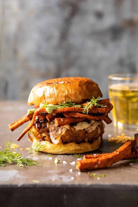 Crispy Quinoa Burgers Topped with Sweet Potato Fries and Beer Caramelized Onions | halfbakedharvest.com #quinoaburger Fish Burgers, Half Baked Harvest Recipes, Crispy Quinoa, Vegetarian Mains, Quinoa Sweet Potato, Pizza Fritta, Freezer Dinners, Quinoa Burgers, Savory Foods