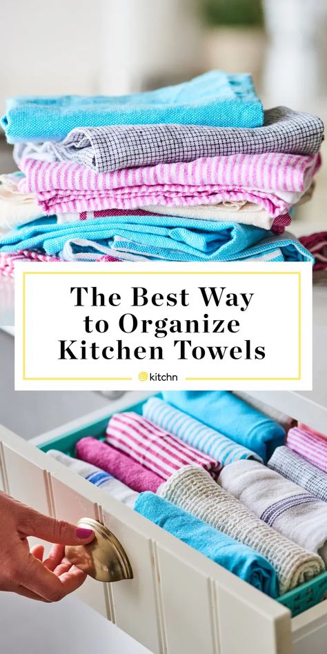 Kitchen Towels Storage, Marie Kondo Organizing, Kitchen Towels Hanging, Folding Towels, Organize Kitchen, Turquoise Kitchen, Flour Sack Kitchen Towels, Towel Organization, How To Fold Towels