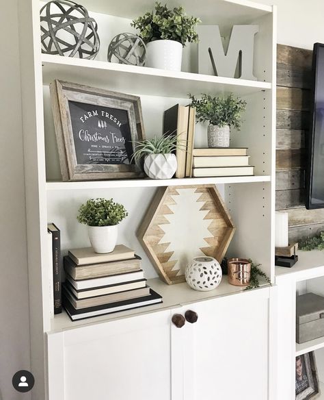 Decorating Built Ins, Bookshelf Styling Living Room, Styling Living Room, Farmhouse Shelves Decor, Styling Bookshelves, Bookshelves Decor, Living Room Farmhouse, Built In Shelves Living Room, Shelf Decor Living Room