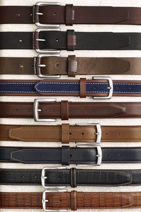 Pull it Together: From jeans to a suit, your look isn't complete without a good Johnston & Murphy belt. Mens Belts Fashion, Belt Display, Ikat Pinggang, Webbing Belt, Leather Belts Men, Casual Belt, Designer Belts, Johnston Murphy, Fashion Belts