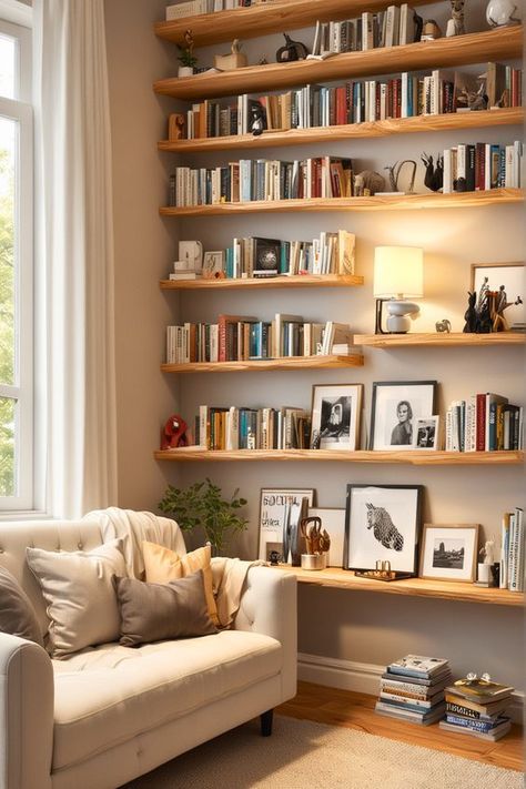 Explore 30 bookshelf ideas that combine style and functionality to transform your home decor. Nook Shelf Ideas, Home Library Shelving, Lounge Library, Cozy Home Library, Home Library Rooms, Bookshelf Ideas, Bedroom Corner, Nook Ideas, Home Library Design