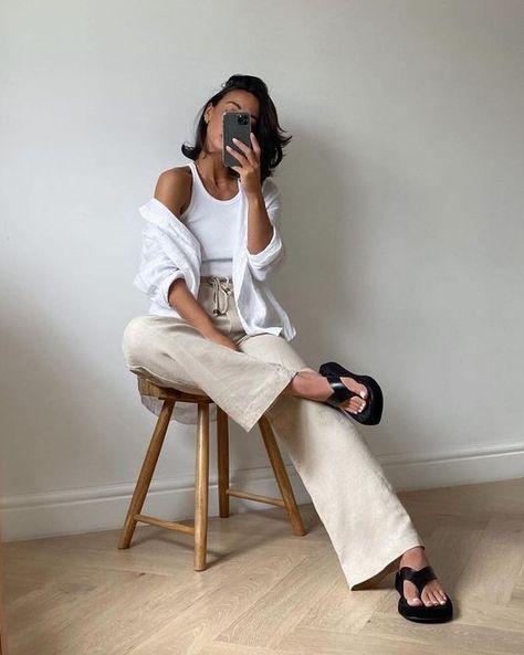 a white tank top, a white shirt, neutral pants, black flipflops are a simple and cool every day look in summer Tops Outfit, The Cool Hour, 2024 Outfits, 2024 Style, Ribbed Tank Tops, Mode Inspo, Ribbed Tank, On Repeat, Outfit Casual