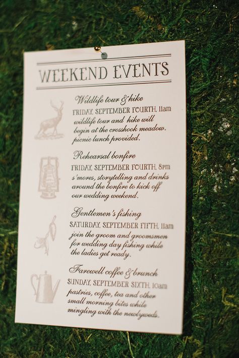 Wedding Weekend Itinerary, Campground Wedding, Woodland Wedding Inspiration, Wedding Itinerary, Wedding Week, Camp Wedding, Wedding Activities, Wedding Timeline, Wedding Planning Checklist