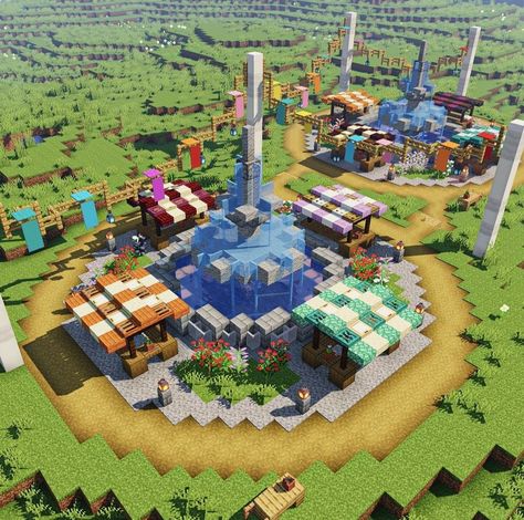 Minecraft Pedestal Design, Villager Trading Area Minecraft, Minecraft Farmers Market Ideas, Minecraft Mountain Farm, Village Market Minecraft, Modded Minecraft Builds, Village Ideas Minecraft, Minecraft Village Center, Minecraft Community Center