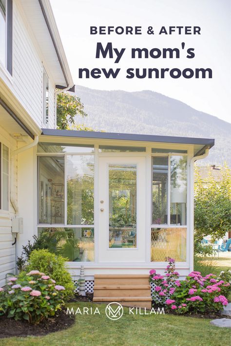 Today I’m sharing the exterior reveal of my mom’s new sunroom. This lovely new extension on her carriage house is the perfect solution to our west coast rainy seasons. See all the before and afters, plus see how landscaping took this exterior from ‘meh’ to fabulous! Sunroom Addition Townhouse, Turn Porch Into Sunroom, French Doors Into Sunroom, Sunroom With Laundry Room, Sunroom Door Ideas, Mud Room Sunroom, Prefab Sunroom Room Additions, Sunroom Exterior Doors, 1940s Cottage Remodel