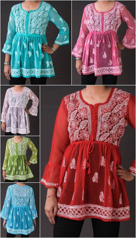 Short Kurti Designs Chikankari, Hairstyles On Chikankari Kurti, Chicken Kari Tops For Jeans, Chikankari Short Kurta With Jeans, Short Chinkari Kurti, Lakhnavi Kurti With Jeans, Short Chickenkari Kurti With Jeans, Chikenkari Dress Ideas Frock, Short Chickenkari Kurti