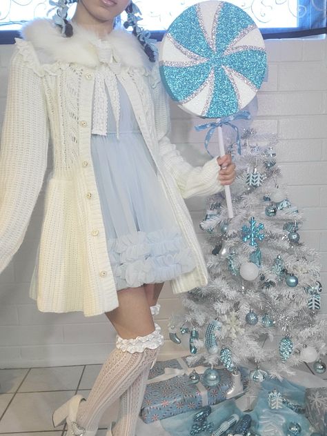 Winter fairy dollete outfit, blue christmas tree, hyper feminine outfit, princess core, angelcore Winter Wonderland Theme Dress, Ice Princess Outfit Ideas, Princess Core Outfit Winter, Christmas Elf Outfit Aesthetic, Winter Theme Dress, Snow Inspired Outfits, Winter Wonderland Theme Outfit, Winter Themed Outfits, Heaven Moodboard