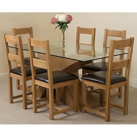 Wood And Glass Dining Table, Glass Dining Table Set, Glass Dining Set, Oak Table Top, Corner Dining Set, Wood Table Bases, Round Dining Set, Oak Chair, Table Sets