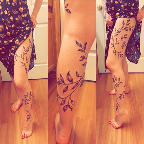 Ivy Leg Tattoo Vines, Long Stem Flower Tattoo Leg, Rose Vine Leg Tattoo, Leg Tattoos To Cover Veins, Vine Tattoo Down Leg, Vines Around Leg Tattoo, Leaf Vine Wrap Around Tattoo Leg, Around The Leg Tattoo Wraps, Floral Vine Tattoos Leg