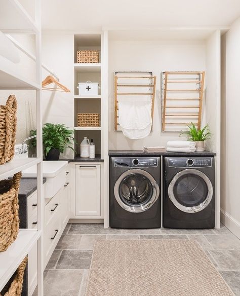 Pottery Barn on Instagram: “Give your laundry room a facelift with functional, space-saving solutions like our @fairtradecertified Galvanized Wall-Mount Laundry Drying…” Laundry Room Drying Rack, Perfect Laundry Room, Stacked Laundry Room, Laundry Room Ideas Small Space, Laundry Room Layouts, Laundry Room Renovation, Drying Rack Laundry, Laundry Room Cabinets, Laundry Room Remodel