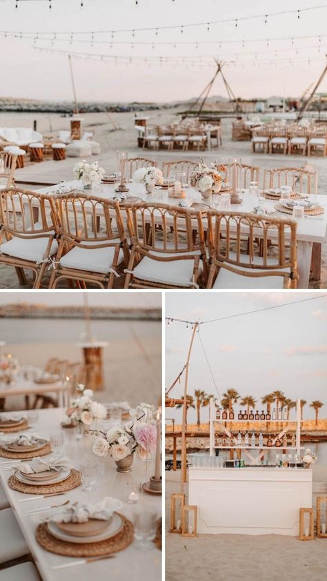 Beachy Boho Wedding Decor, Romantic Destination Wedding, Glam Beach Wedding, Beige Beach Wedding, Intimate Destination Wedding, Beach Wedding Mood Board, Destination Wedding Decor Ideas, October Beach Wedding, Beach Wedding Table Decorations