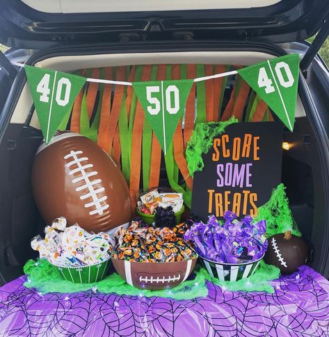 Trunk Or Treat Ideas Football Theme, Cheerleader Trunk Or Treat Ideas, Football Trunk Or Treat Ideas For Suv, Nfl Trunk Or Treat Ideas, Trunk Or Treat Prize Ideas, Trunk Or Treat Suv Easy, Trunk Or Treat Tailgate Theme, Football Trunk Or Treat Ideas For Trucks, Halloween Football Theme