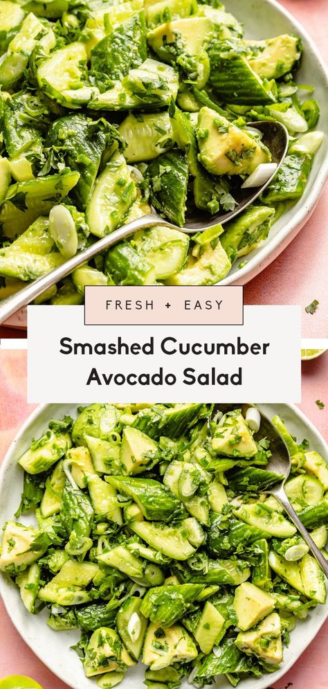 Easy smashed cucumber avocado salad made with simple ingredients for a beautiful side dish or addition to grain bowls and proteins! This fresh cucumber avocado salad packs plenty of flavor from lime juice, herbs, and a little jalapeño. Cucmber Salad, Ambitious Kitchen Recipes, Smashed Cucumber, Smashed Cucumber Salad, Autoimmune Recipes, Cucumber Avocado Salad, Fresh Cucumber, Grain Bowls, Jalapeno Recipes